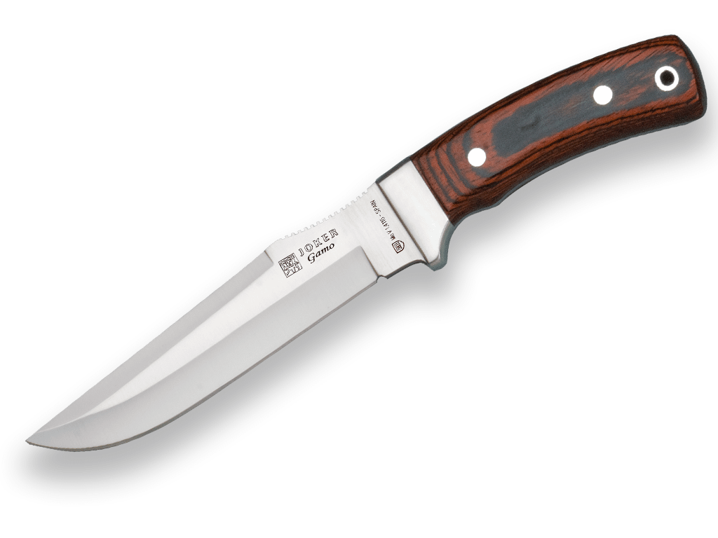 CUCHILLO DE CAZA JOKER GAMO, MANGO MADERA ROJA, HOJA 15,5 CM ACERO INOX. MOVA. FUNDA DE CUERO CR46 - Espadas y Más