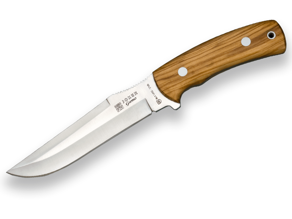 CUCHILLO DE CAZA JOKER GAMO, MANGO OLIVO Y HOJA INOX DE 15,5 CM. FUNDA DE CUERO. CO51 - Espadas y Más