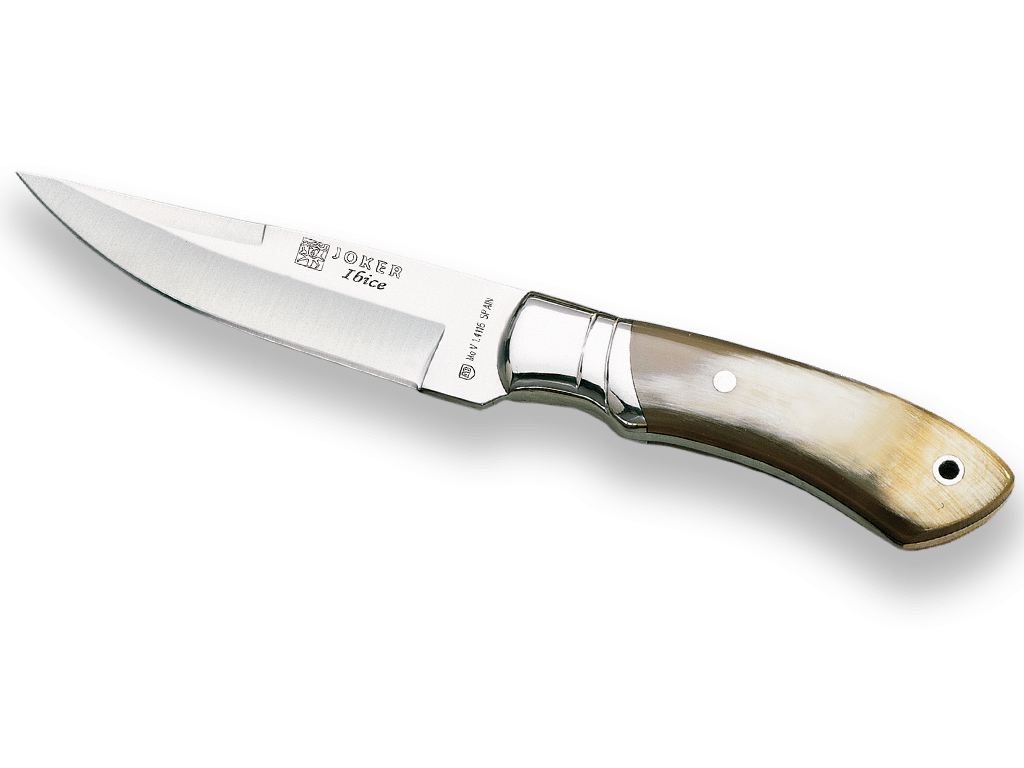 CUCHILLO DE MONTE JOKER IBICE, MANGO EN ASTA DE TORO Y HOJA DE 12 CM.FUNDA DE CUERO. CA04 - Espadas y Más
