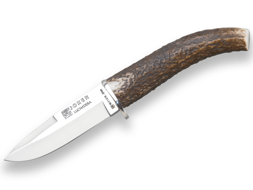 Imagen de Cuchillo De Monte Joker Luchadera, Mango Punta Asta De Ciervo, Hoja De 9 Cm. Funda De Cuero CC68 parte de nuestra colección en Espadas y más, sitio oficial.