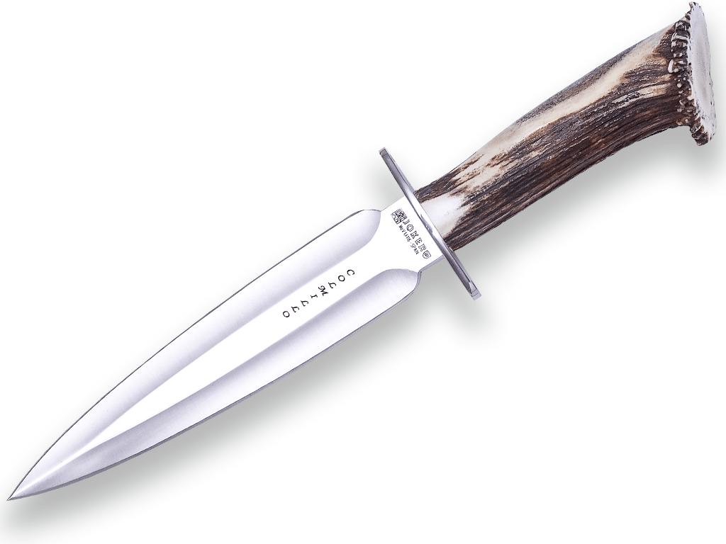 CUCHILLO DE REMATE JOKER COLMILLO, CON PUÑO DE CIERVO Y HOJA DE DOBLE FILO DE 21,5 CM. CON FUNDA DE CUERO CN108 - Espadas y Más