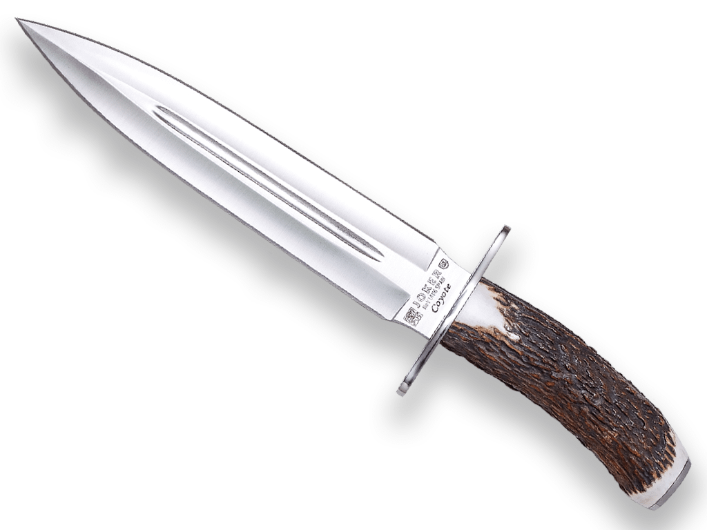 Imagen de Cuchillo De Remate Joker Coyote, Puño De Ciervo, Hoja De Doble Filo De 23 Cm. Funda De Cuero CC07 parte de nuestra colección en Espadas y más, sitio oficial.