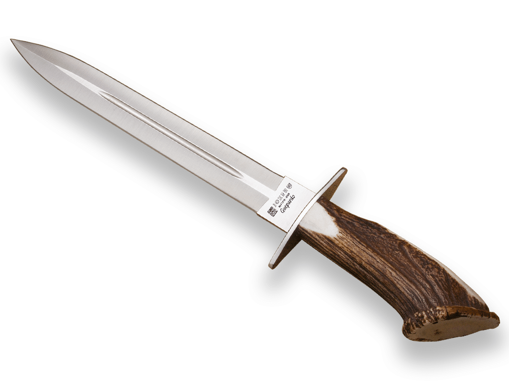 CUCHILLO DE REMATE JOKER GUEPARDO CON PUÑO DE CIERVO Y HOJA DE DOBLE FILO DE 30 CM. FUNDA DE CUERO CC29 - Espadas y Más