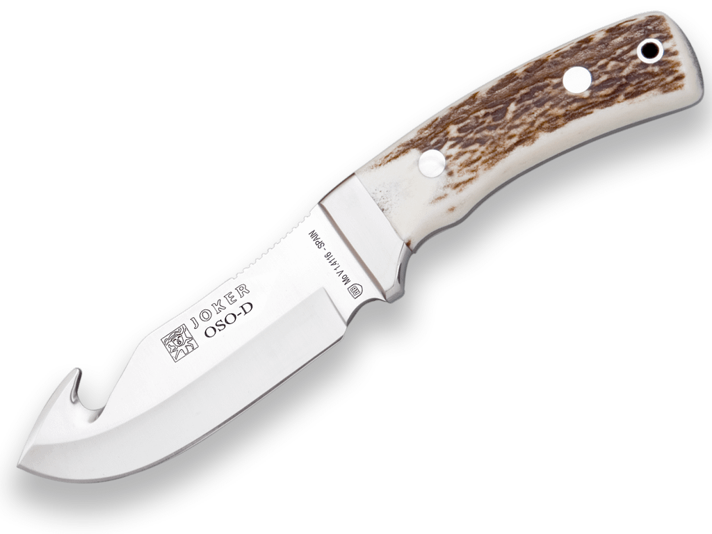 CUCHILLO DESOLLADOR JOKER OSO,MANGO ASTA DE CIERVO, HOJA INOX DE 12 CM.FUNDA DE CUERO. CC55 - Espadas y Más