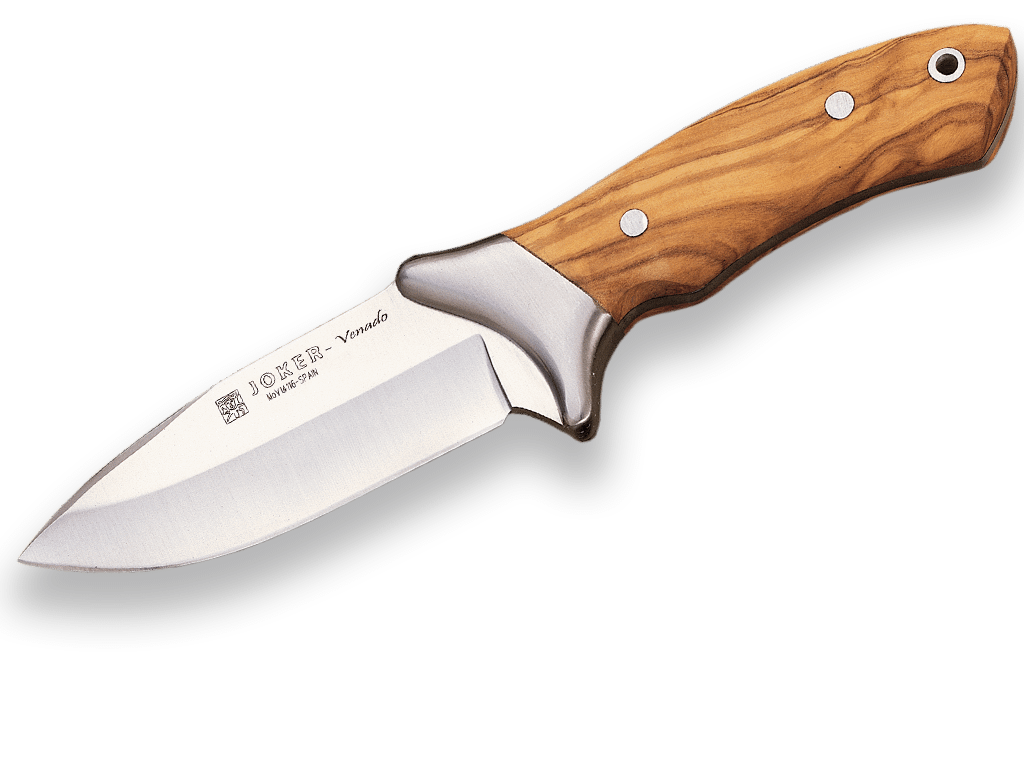 CUCHILLO DESOLLADOR JOKER VENADO,CACHAS MADERA DE OLIVO, HOJA ACERO INOX DE 11 CM.FUNDA DE CUERO. CO06 - Espadas y Más