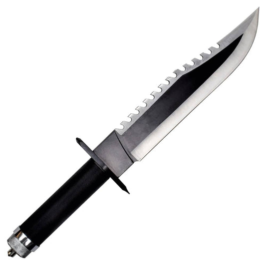 Cuchillo réplica del cuchillo de la Película Rambo II con Mango recubierto de cordura negro y hoja de acero. Vendido por Espadas y más