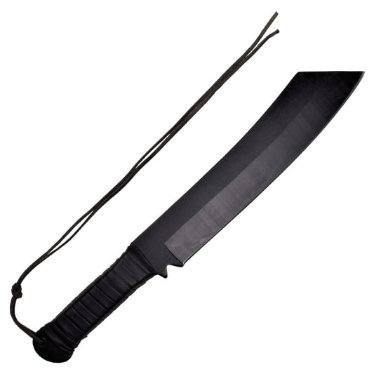 Cuchillo réplica del Cuchillo de Caza de Rambo IV negro con hoja de acero y mango de cuero. Vendido por Espadas y más