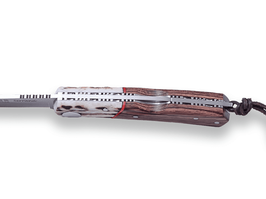 NAVAJA DEPORTIVA JOKER SERRANA, CON BLOQUEO, HOJA 7 CM INOX MOVA CACHAS MADERA PALISANDRO VIROLA ASTA DE CIERVO - Espadas y Más