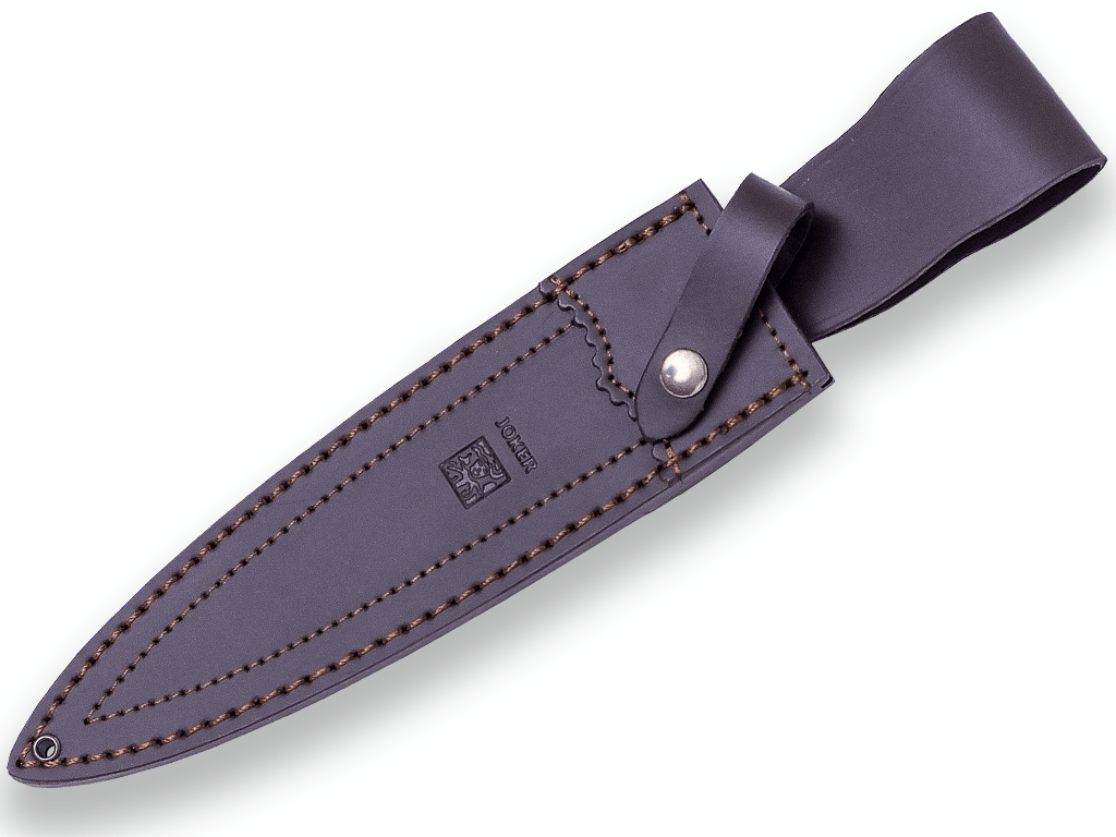 Imagen de Cuchillo De Remate Joker Colmillo Con Puño En Madera De Olivo Y Hoja De Doble Filo De 21,5 Cm. Con Funda De Cuero CO108 parte de nuestra colección en Espadas y más, sitio oficial.