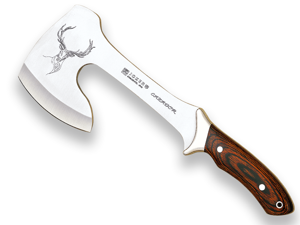 Imagen de Hacha Montera Joker Cazador, Acero 420, Virola Inox, Mango Madera Roja Prensada. HR00 parte de nuestra colección en Espadas y más, sitio oficial.