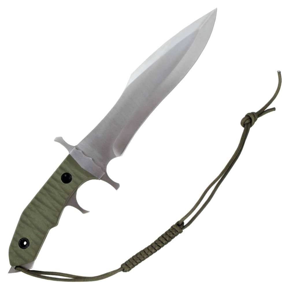 Cuchillo de caza réplica del de la película Rambo V con hoja de acero inoxidable, mango verde y cordón. Vendido por Espadas y más