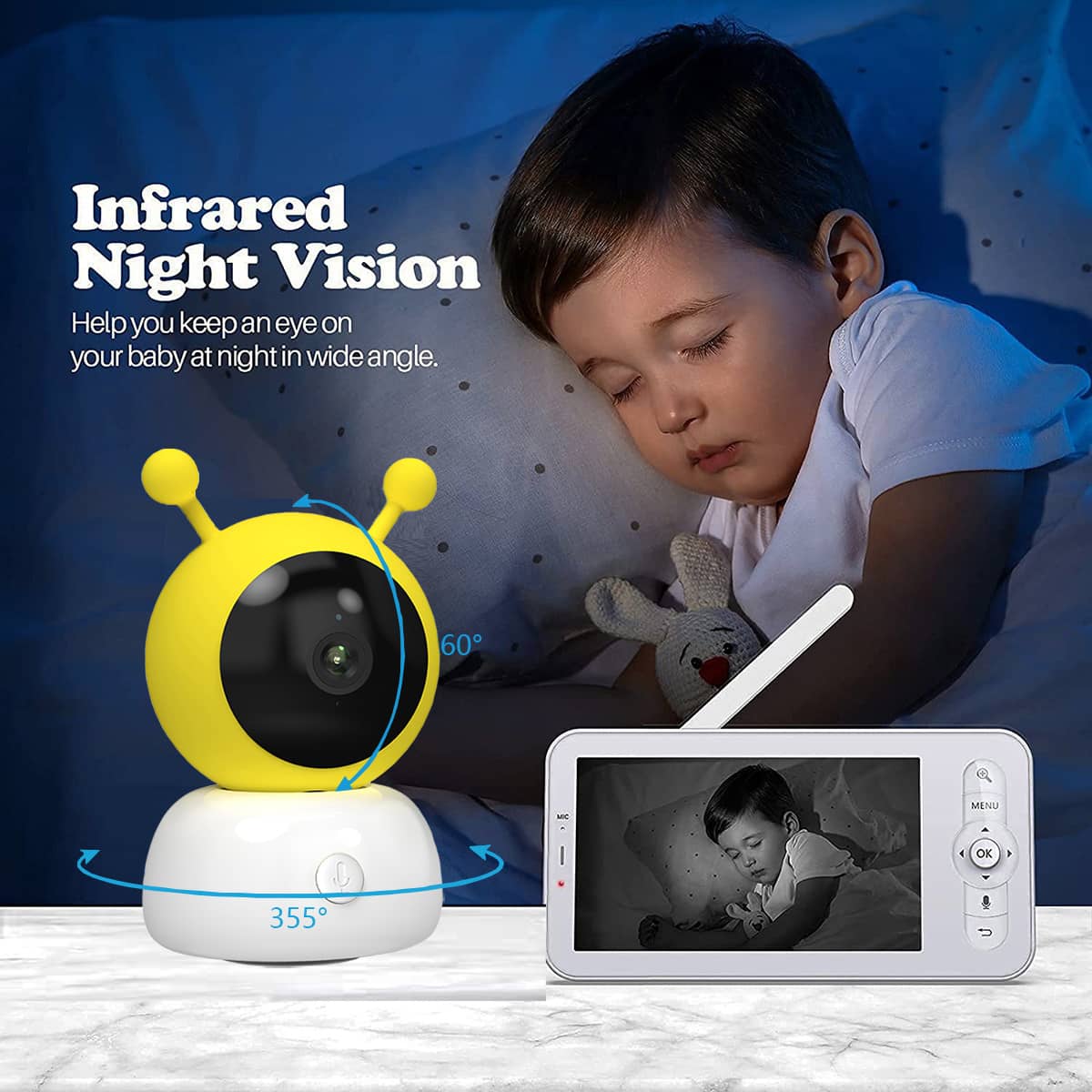 Monitor de bebé inalámbrico de 12 cm, Cámara amarilla con visión nocturna, PTZ, temperatura y humedad - Espadas y Más