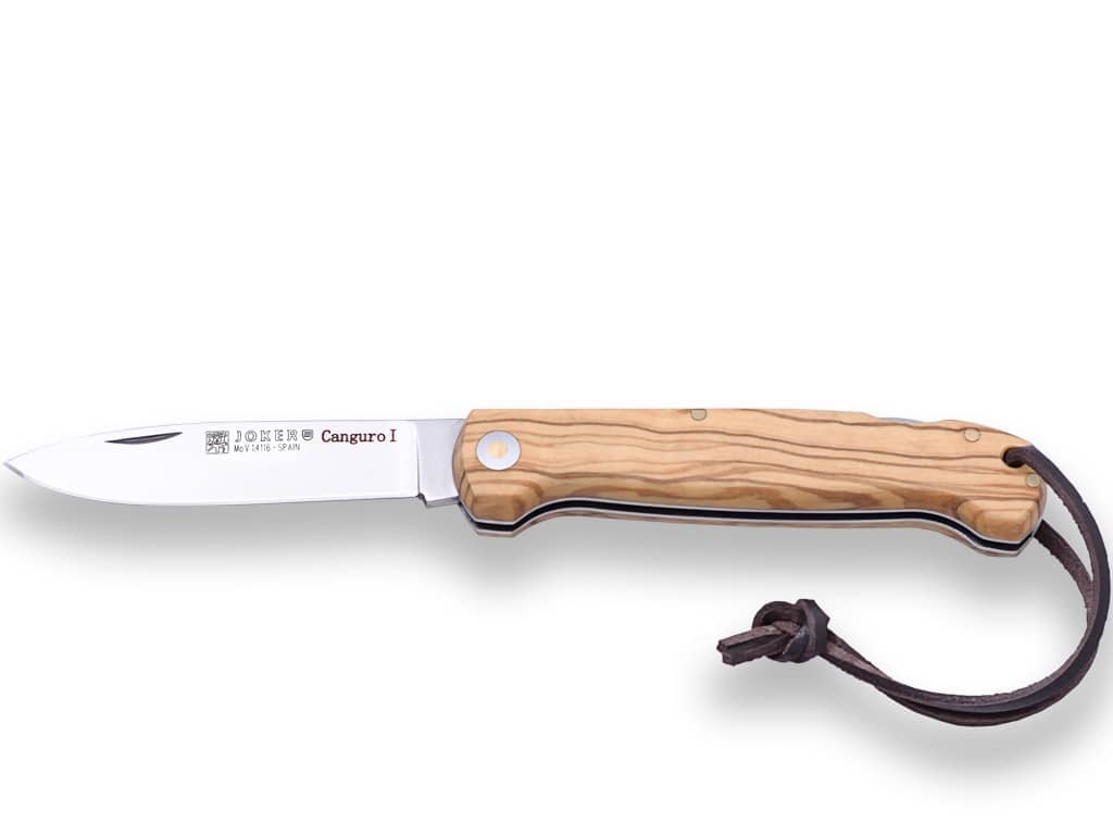NAVAJA DE CAZA CANGURO I HOJA 8,5 CM ACERO MoVA CON CACHAS EN MADERA DE OLIVO VIROLA - Espadas y Más