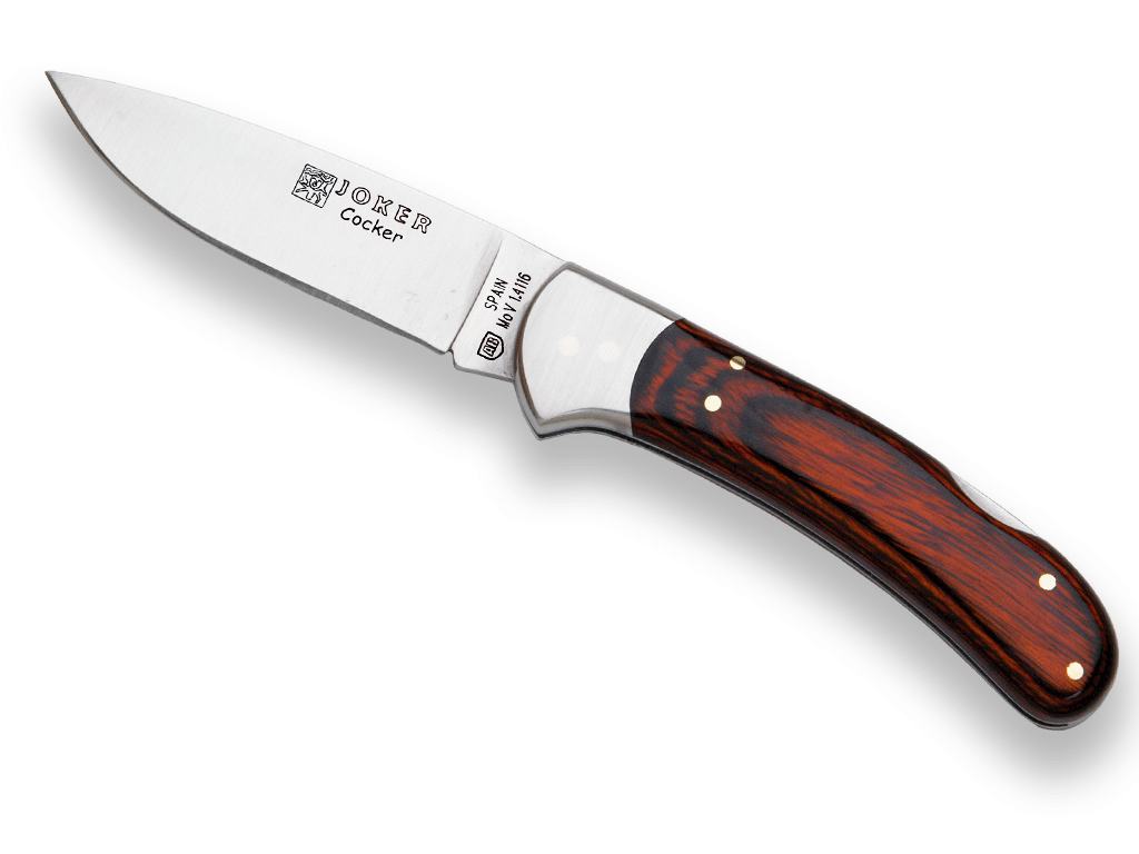 NAVAJA DE CAZA JOKER COCKER CON CACHAS DE MADERA ROJA VIROLA INOX. Y HOJA DE 9 CM NR47 - Espadas y Más