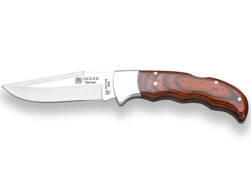 NAVAJA DE CAZA JOKER TERRIER CON CACHAS DE MADERA ROJA VIROLA INOX Y HOJA DE HOJA 9 CM NR17 - Espadas y Más