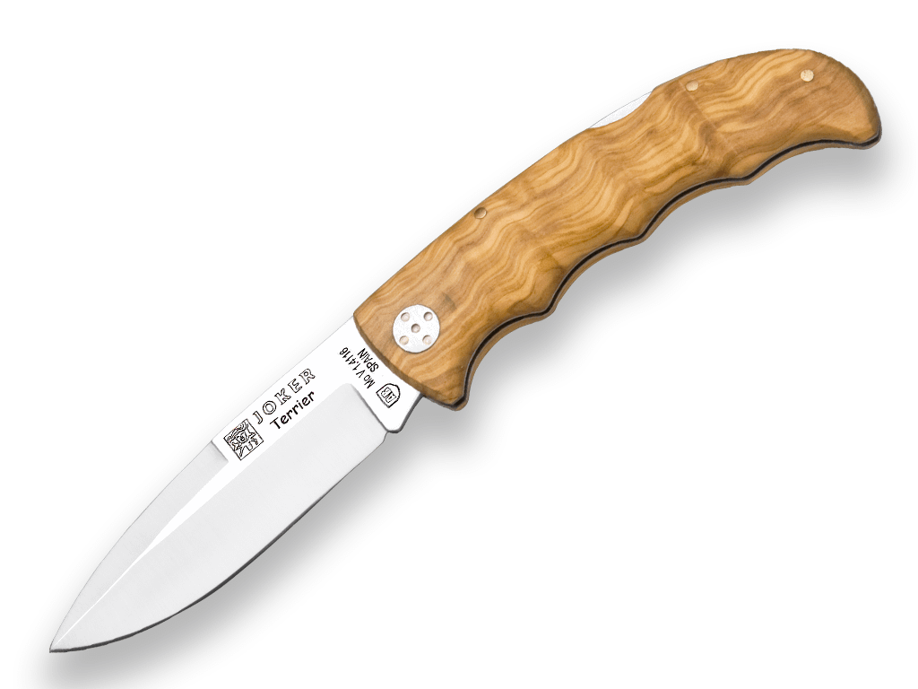 NAVAJA DE CAZA JOKER TERRIER CON CACHAS EN MADERA DE OLIVO Y HOJA DE 9 CM - Espadas y Más