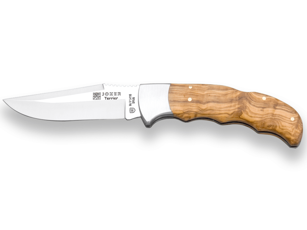 NAVAJA DE CAZA JOKER TERRIER CON MANGO DE MADERA DE OLIVO VIROLA INOX Y HOJA DE 9 CM - Espadas y Más