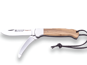 NAVAJA DE CAZA MULTIUSOS JOKER CANGURO II, HOJA ACERO INOX MOVA + HOJA DESOLLADOR, CACHAS DE OLIVO, VIROLA INOX - Espadas y Más