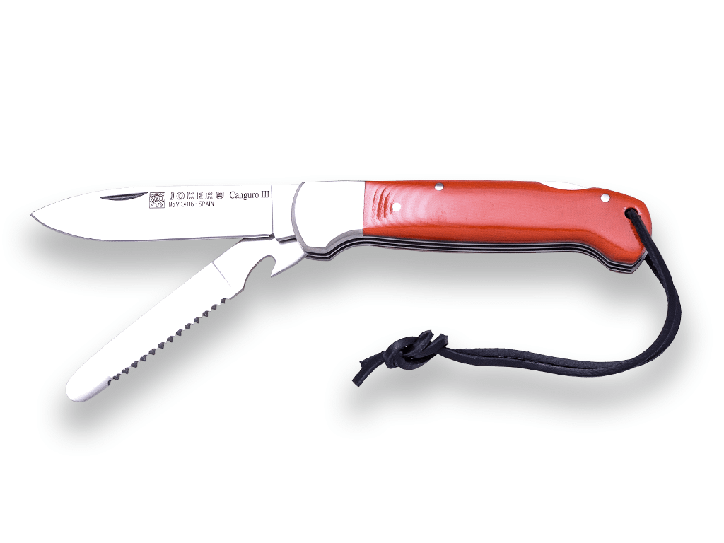 NAVAJA DE CAZA MULTIUSOS JOKER CANGURO III, HOJA ACERO MOVA + HOJA CON SIERRA , CACHAS DE MICARTA, VIROLA INOX - Espadas y Más