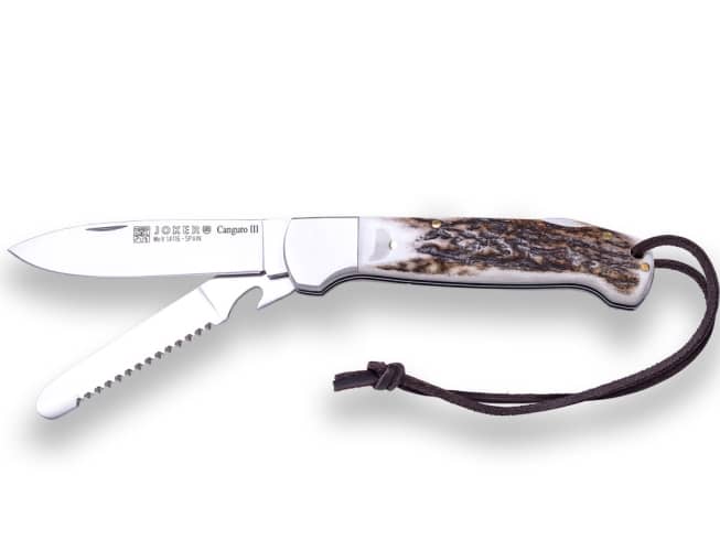 NAVAJA MULTIUSOS JOKER CANGURO III, HOJA ACERO INOX MOVA + HOJA CON SIERRA , CACHAS ASTA DE CIERVO, VIROLA INOX NC136 - Espadas y Más