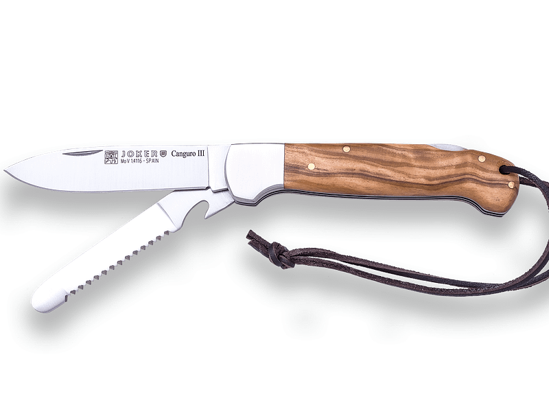 NAVAJA MULTIUSOS JOKER CANGURO III, HOJA ACERO MOVA + HOJA CON SIERRA , CACHAS DE OLIVO, VIROLA INOX - Espadas y Más