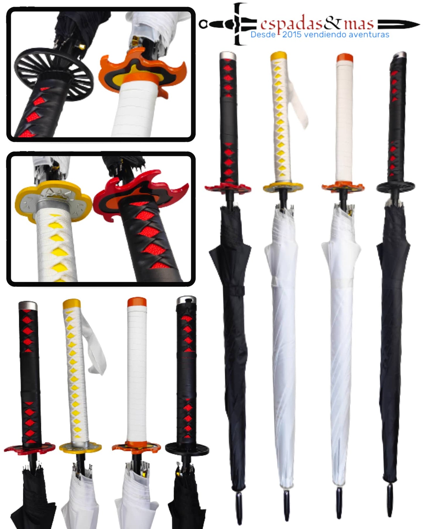 Distintos modelos en colores de Paraguas de Kimetsu No Yaiba (Demon Slayer) en el que la tsuka es el agarre. Vendido por Espadas Y Más