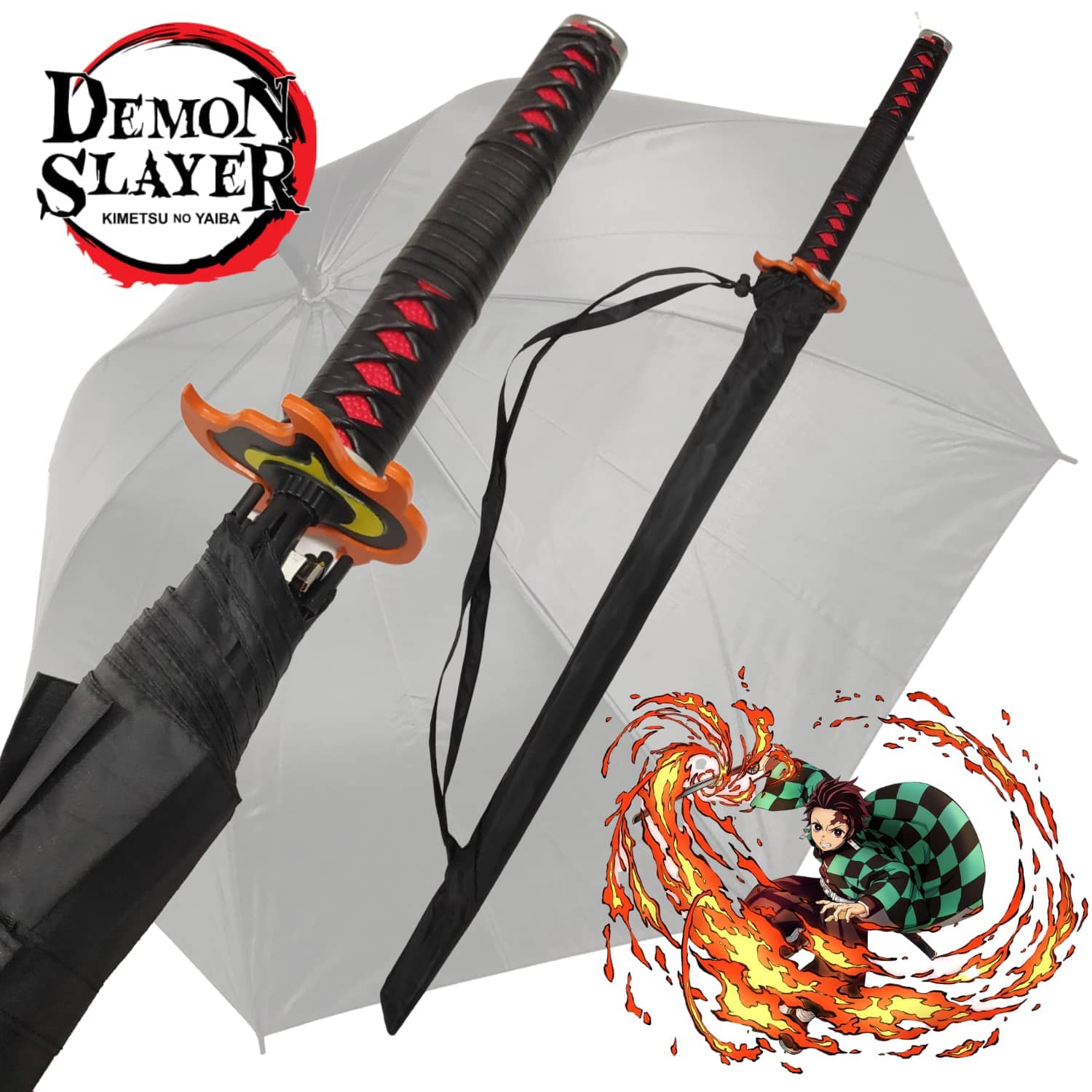 Paraguas de Kimetsu No Yaiba (Demon Slayer) en el que la saya es la funda del paraguas y la tsuka es el agarre. Vendido por Espadas Y Más