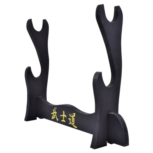Soporte o pie de mesa para katanas (katanero) con detalles kanji en dorados para dos katanas japonesas. Vendido por Espadas y más