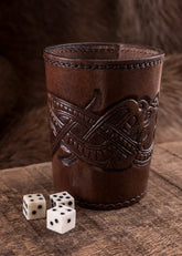 Taza de cubo hecha de cuero con motivo de dragón en relieve, estilo Jelling, marrón oscuro ULF-LP-25 - Espadas y Más