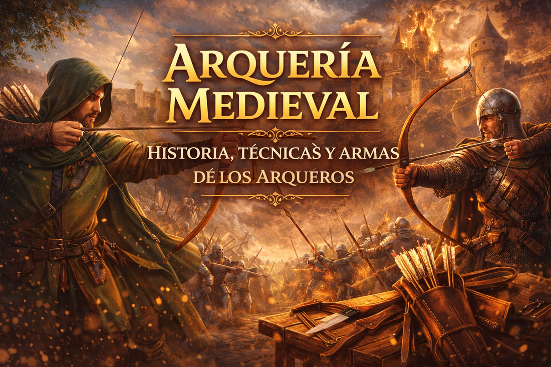 Arquero y soldado memdieval con arco, a cada lado, apuntando al centro dónde está el título "Arquería medieval: Historia, técnicas y armas de los Arqueros