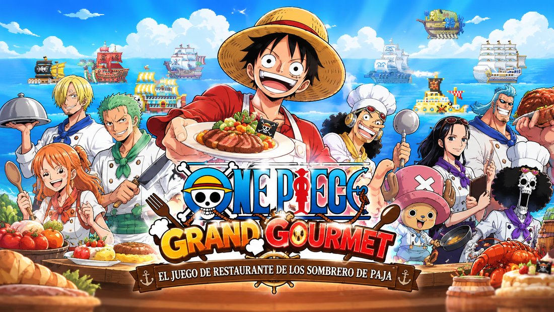 Personajes de One Piece con instrumentos de cocina o alimentos, barcos de One Piece Grand Gourmet de fondo y el título del artículo