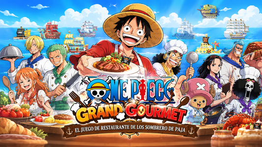 Personajes de One Piece con instrumentos de cocina o alimentos, barcos de One Piece Grand Gourmet de fondo y el título del artículo
