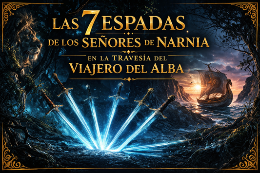 Imagen con 7 espadas resplandecientes, una embarcación de fondo, y el título "Las 7 espadas de los Señores de Narnia en la travesía del Viajero del Alba"