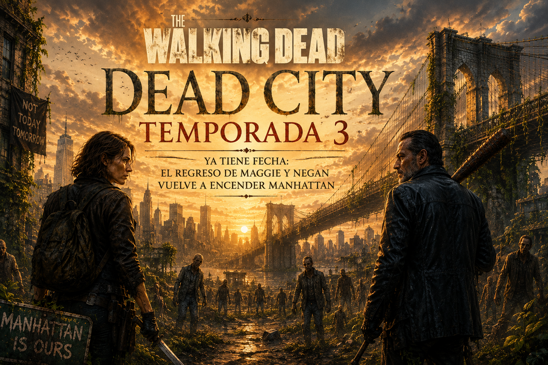 Ilustración de la ciudad en ruinas con zombies y los protagonistas, con el título del artículo en la parte superior