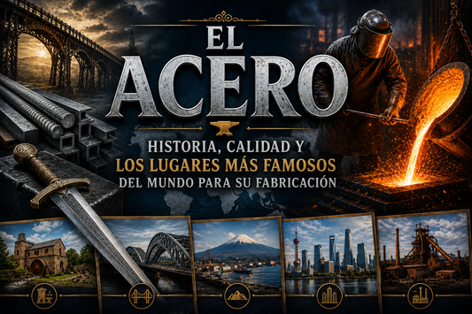 Acero siendo fundido, estructuras de acero, una daga, y la imagen de varias ciudades, como fondo con el título del artículo al centro