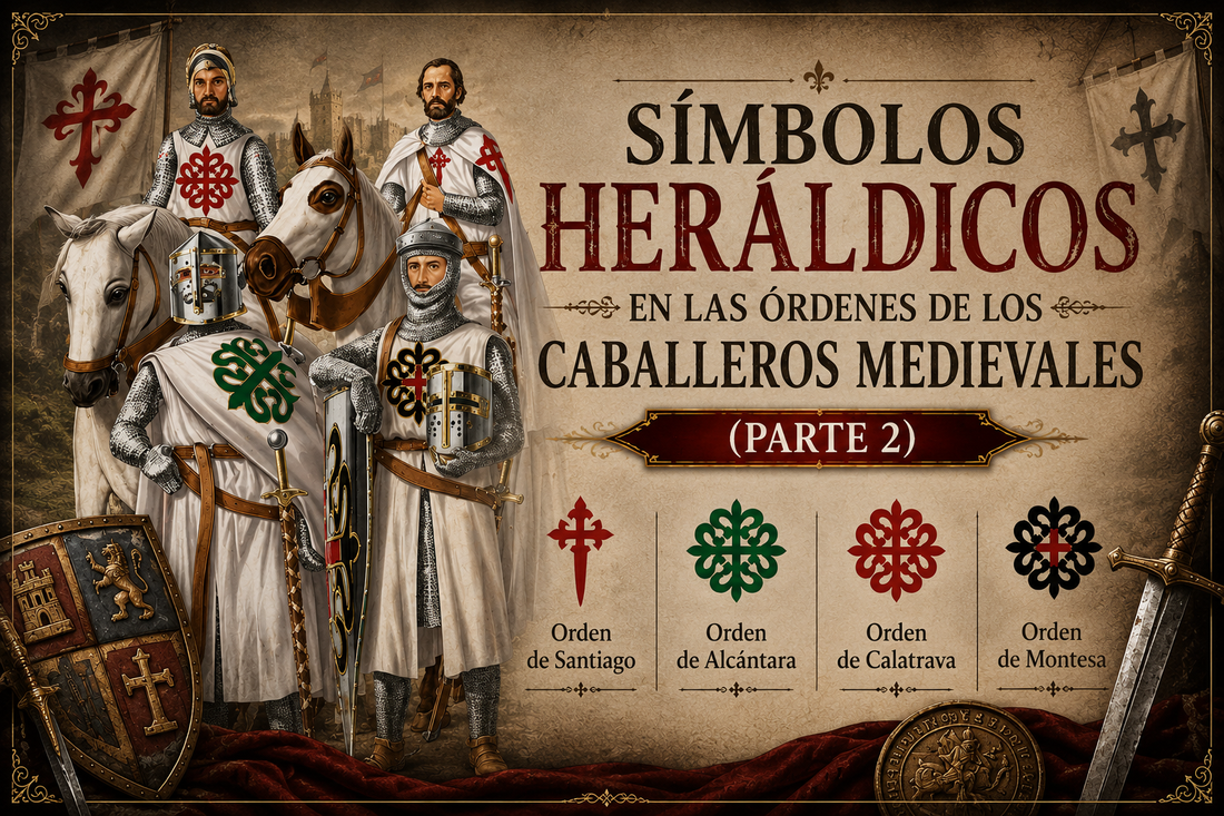 Varios caballeros de diferentes órdenes con sus propios símbolos heráldicos y el título del artículo