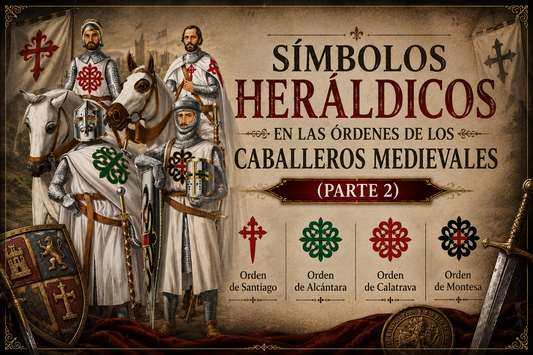 Varios caballeros de diferentes órdenes con sus propios símbolos heráldicos y el título del artículo