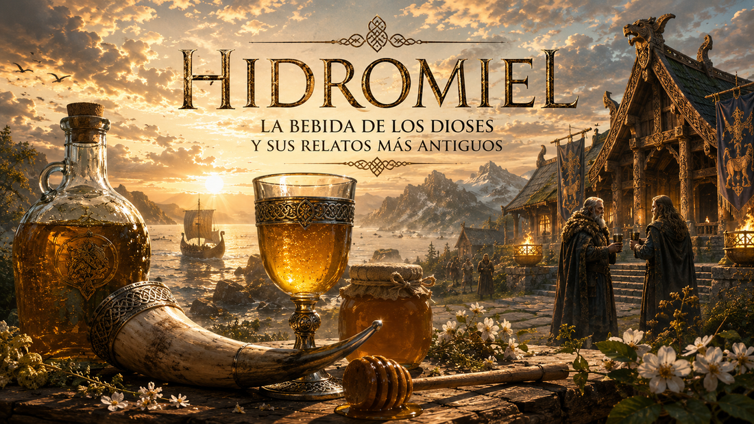 Hidromiel y vikingos, en un paisaje de tonos dorados con el título del artículo al frente