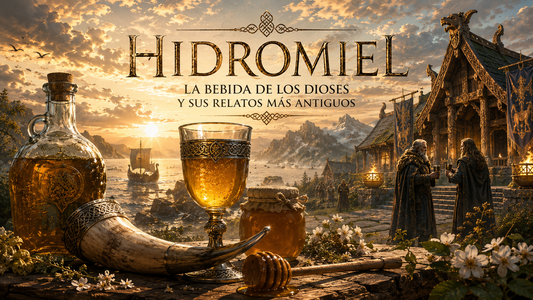 Hidromiel y vikingos, en un paisaje de tonos dorados con el título del artículo al frente