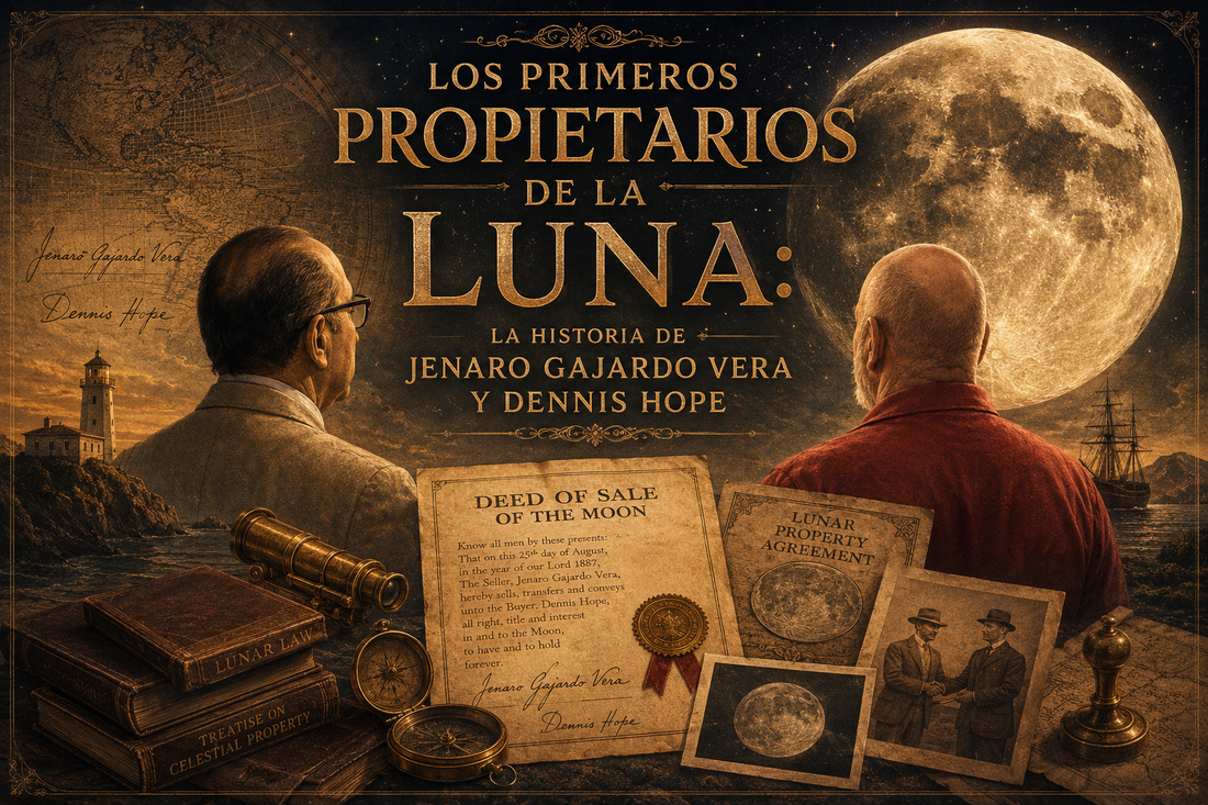 Imagen de dos hombres de espalda viendo la luna, con certificados, fotos libros y otros en el frente, y el nombre del artículo entre ellos.
