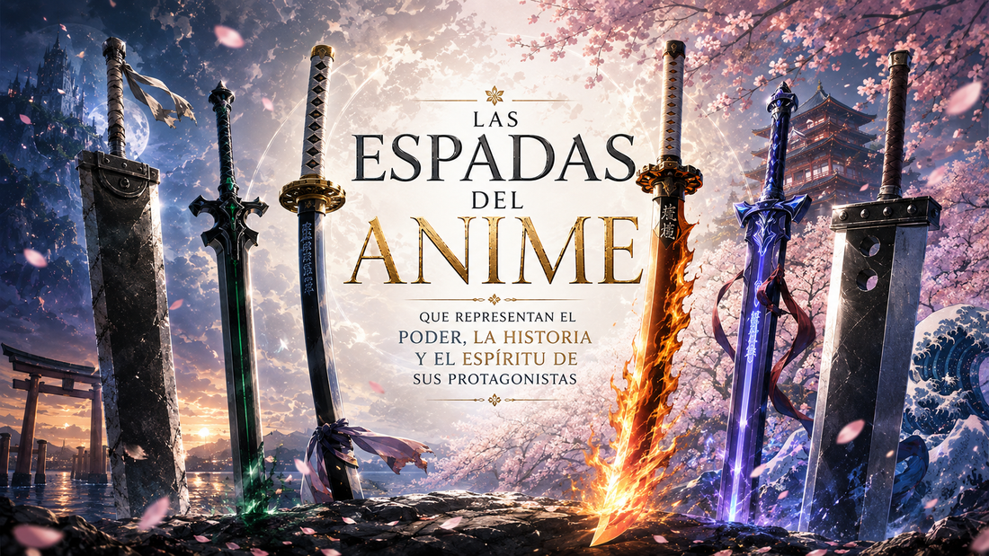Representación de varias espadas anime con el título del artículo al centro y un paisaje oriental de fondo