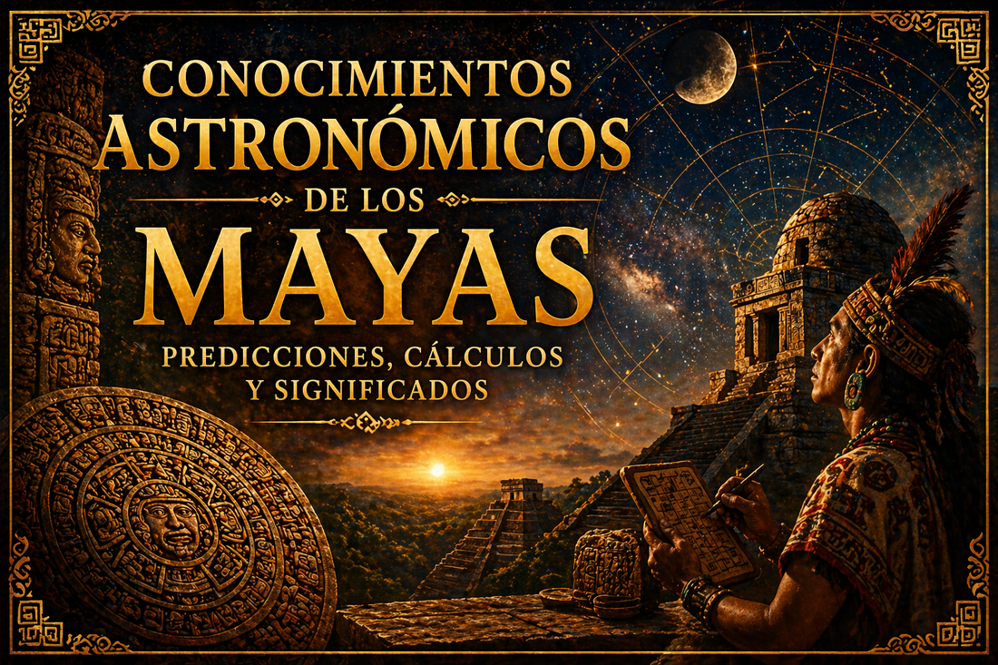 Imagen con el cielo estrellado, pirámides mayas, una figura representativa de tal civilización y su calendario, con el título del artículo