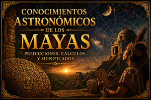 Imagen con el cielo estrellado, pirámides mayas, una figura representativa de tal civilización y su calendario, con el título del artículo