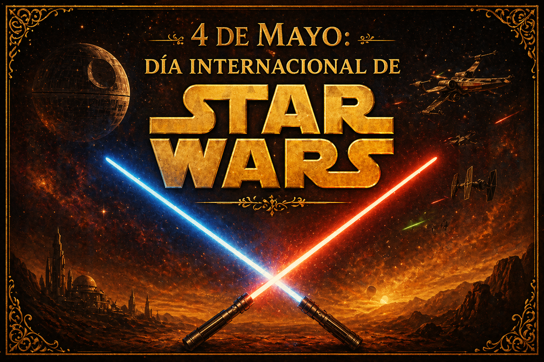 Imagen con dos Sables de Luz Cruzados, Rojo y Azul, bajo el texto "4 de Mayo, día internacional de Star Wars" con la estrella de la muerte y otras naves de Star Wars de fondo