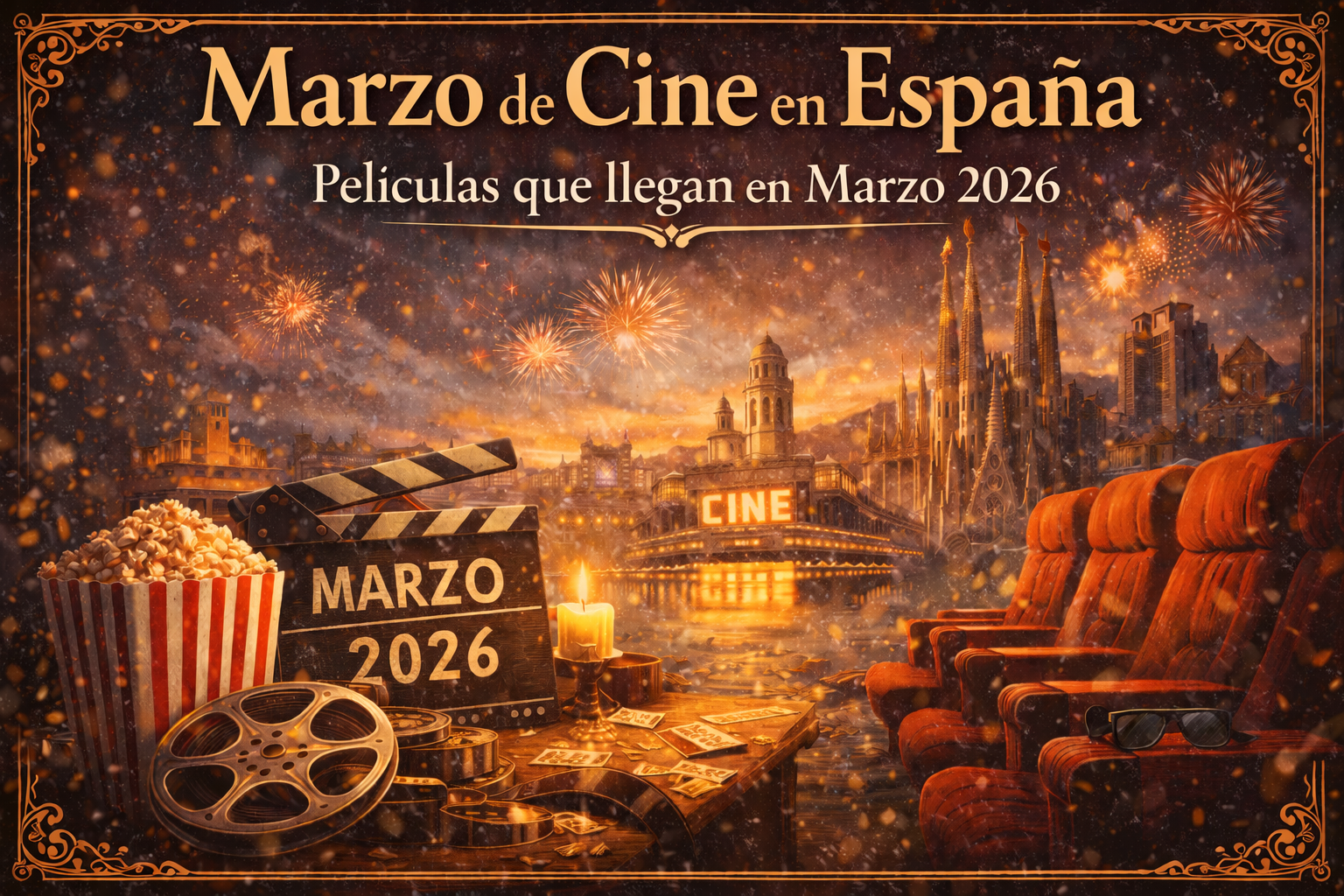 Imagen con elementos de cines (pops, pelìculas y sillas) que dice "Marzo de Cine en España: Películas que llegan en Marzo 2026"