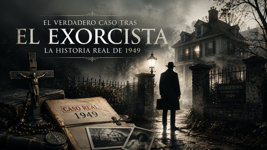 Escena del Exorcista con referencias religiosas y a un expediente antiguo, con el título del artículo