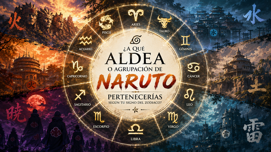 Referencia a las Aldeas de Naruto y Akatsuki, con los signos del zodíaco y, al centro, el título del artículo.