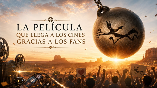 Una bola de demoler con el coyote marcado en ella, como silueta, personas en la parte inferior y el texto "La película que llega a los cines gracias a los fans"