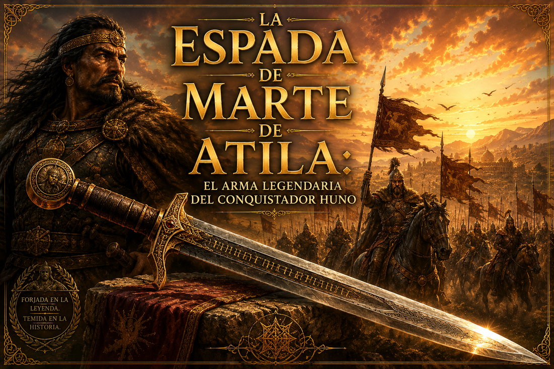 Representación de Atila de fondo, con una representación de la Espada de Marte al frente y el título del artículo al centro