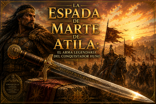 Representación de Atila de fondo, con una representación de la Espada de Marte al frente y el título del artículo al centro